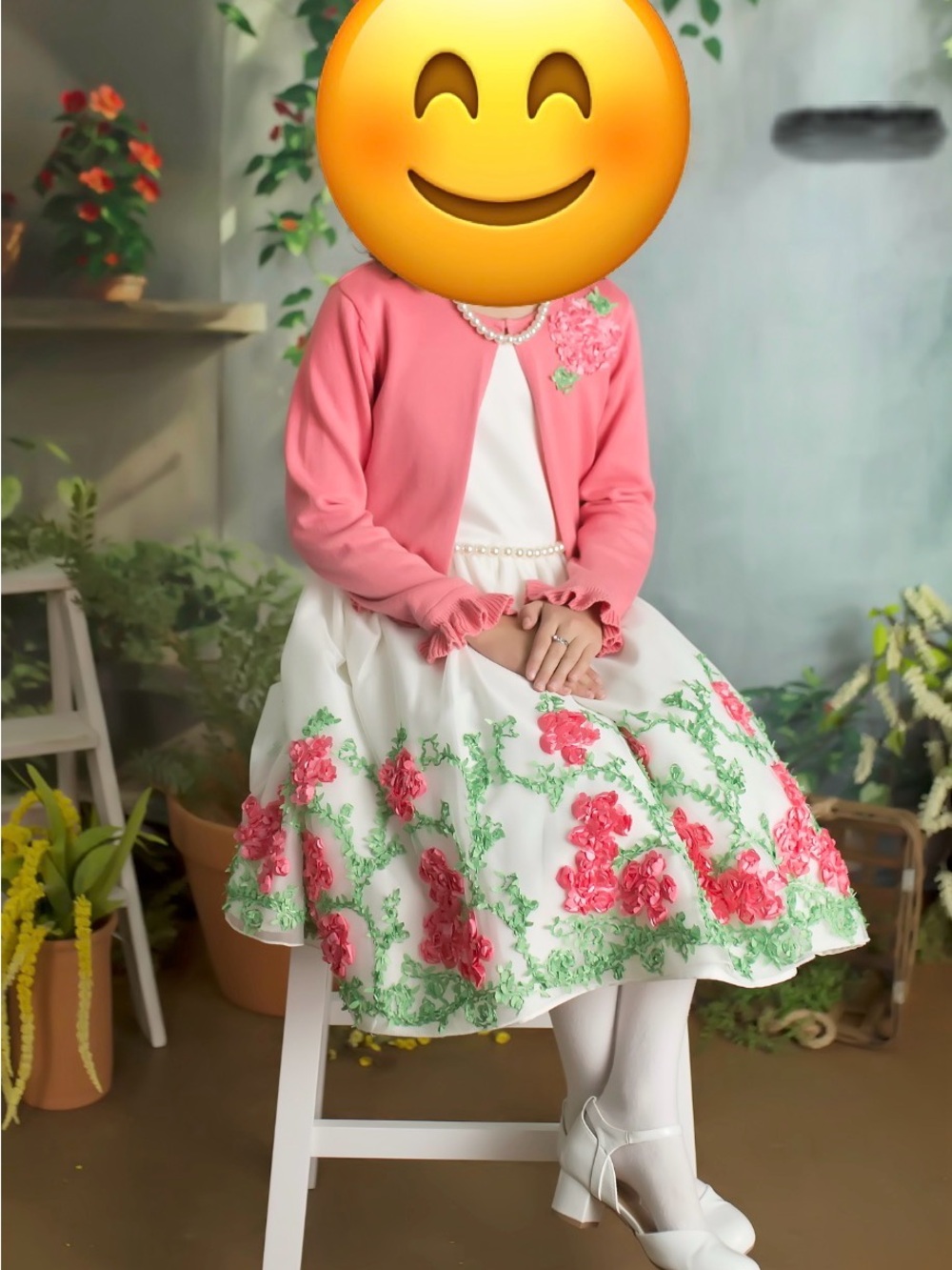 Girls’ White Floral Dress w/ Textured Flower Detail & Pink Cardigan - Size 8